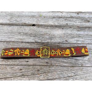 Vintage Burlap Wide Belt Chinese Embroidered Letters Ships Sz 36"-41"